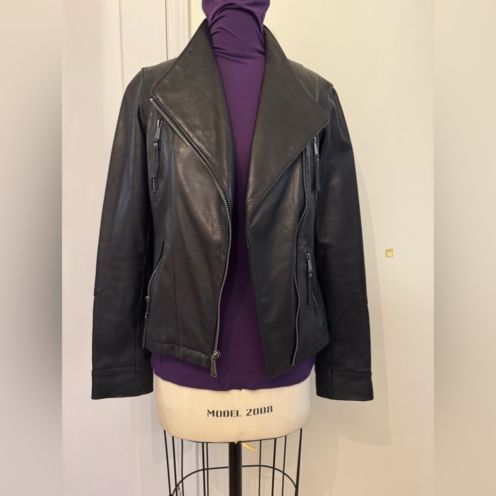 Biker Super Soft Black Leather Jacket with gunmetal zipper pockets